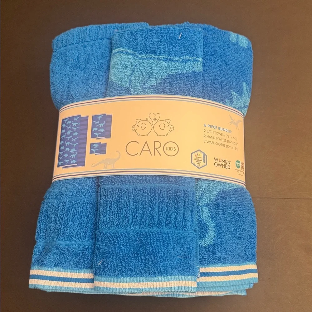 6pc CARO HOME 100% Cotton Blue Dinosaur Design Bath Towel Set Bundle